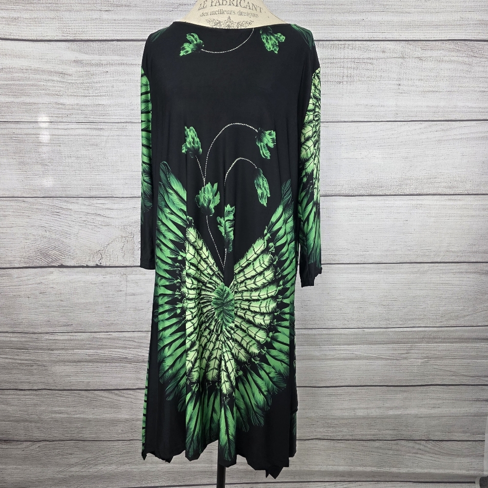 Reborn Boho Green And Black Feather Print Long Sleeve Dress - Picture 1 of 6